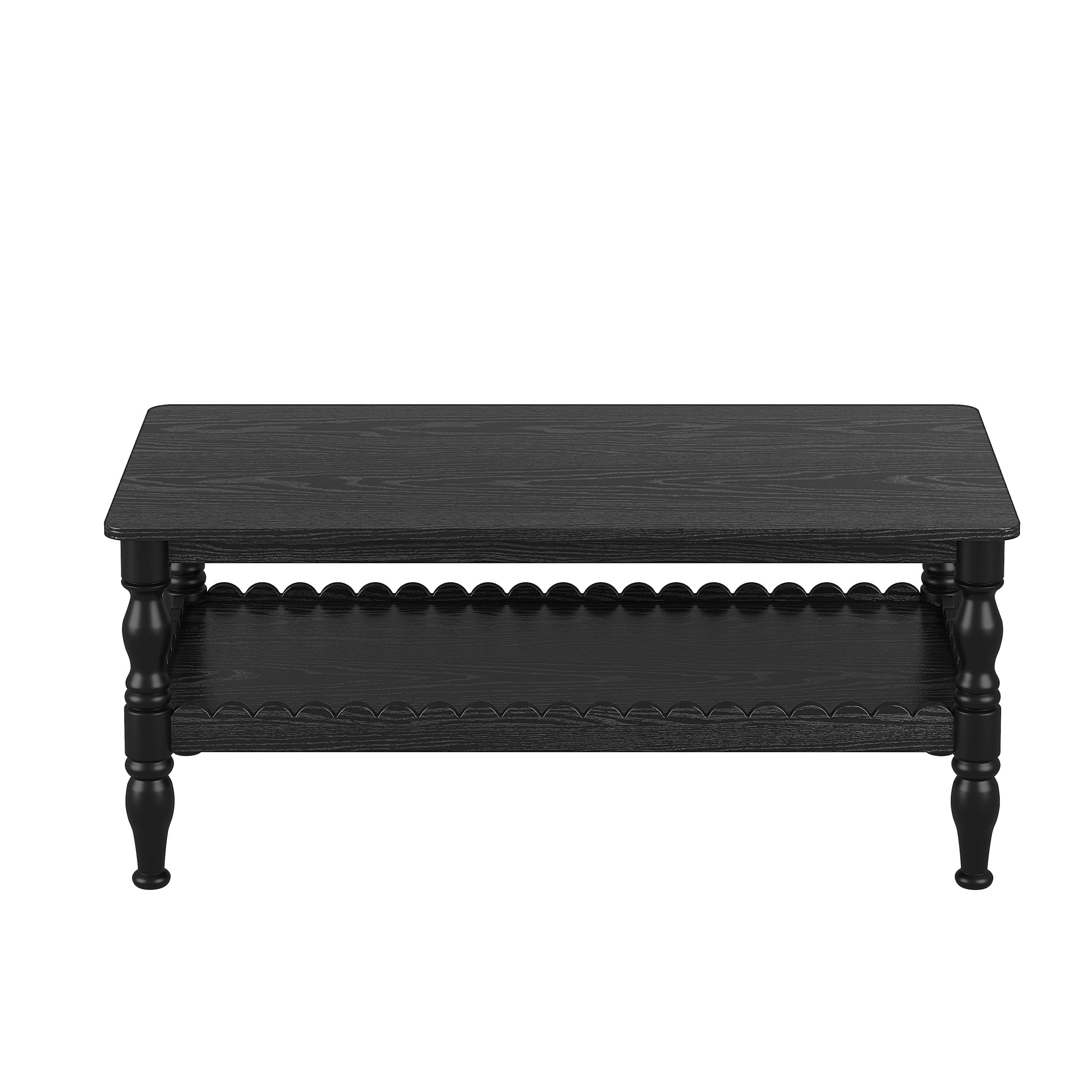 Noble House Arlen 43.3" Rectangular Farmhouse 2-Tier Wooden Coffee Table with Wave-Edge Shelf, Antique Black