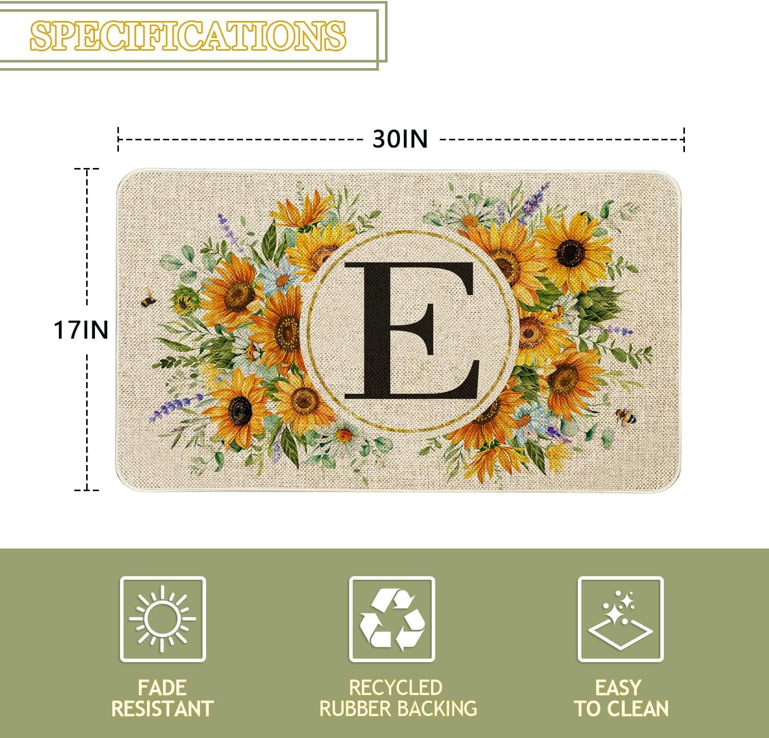 Summer Sunflower Monogram Letter E Door Mat 30 X 17 Inch Family Last Name Initial Welcome Doormat Indoor Outdoor Entrance Floor Rug Non Slip Spring Summer Decor Rubber Mats