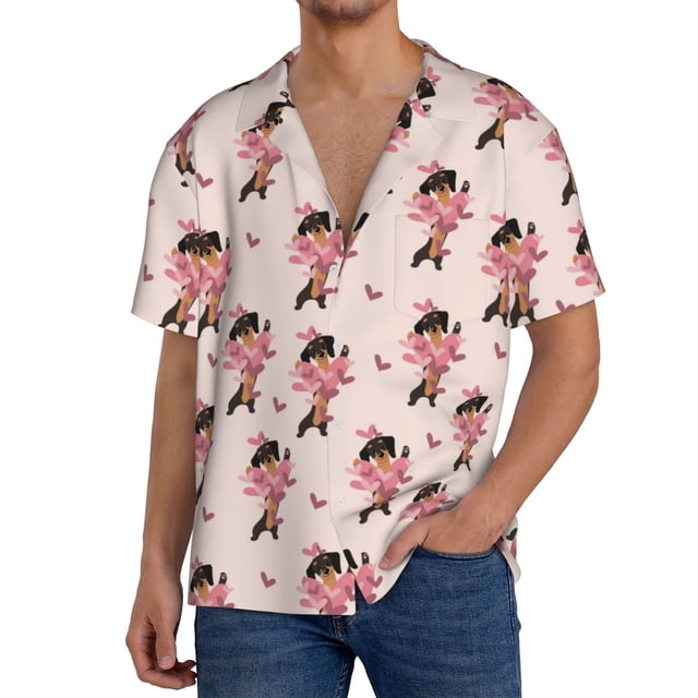 Fotbe Dachshund Dog Heart Camisa Estampada de Manga Corta para Hombre, Casual de Verano, Estilo Playero, Sin Arrugas-X-Large