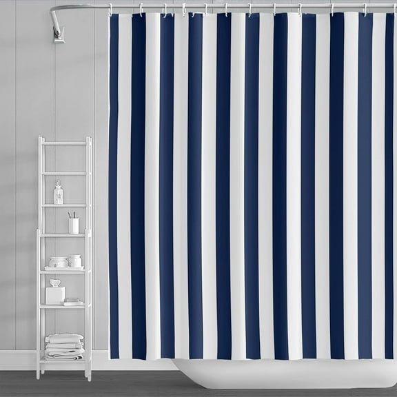 Navy Stripes Shower Curtain White and Navy Blue Vertical Stripes Bathtub Curtain 84L x 72W Inch Nautical Style Bathroom Decor Polyester Fabric