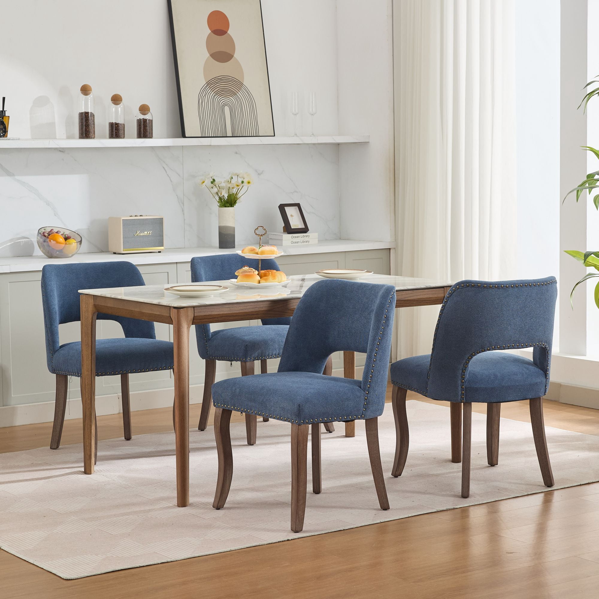 Set of 6 Wood Dining Chairs with Fabric Upholstered Back and Seat Modern Accent Side Chair w/Wood Legs for Living Room/Dining Room/Bedroom/Restaurant
