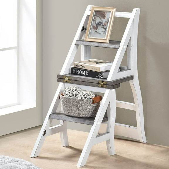Solid Wood Foldable Ladder Chair,2 in 1 Lightweight Portable Multifunctional Step Stool,3 Step Dual Purpose Step Ladder and Display Stand, for Home,Library,Kitchen,Antique White
