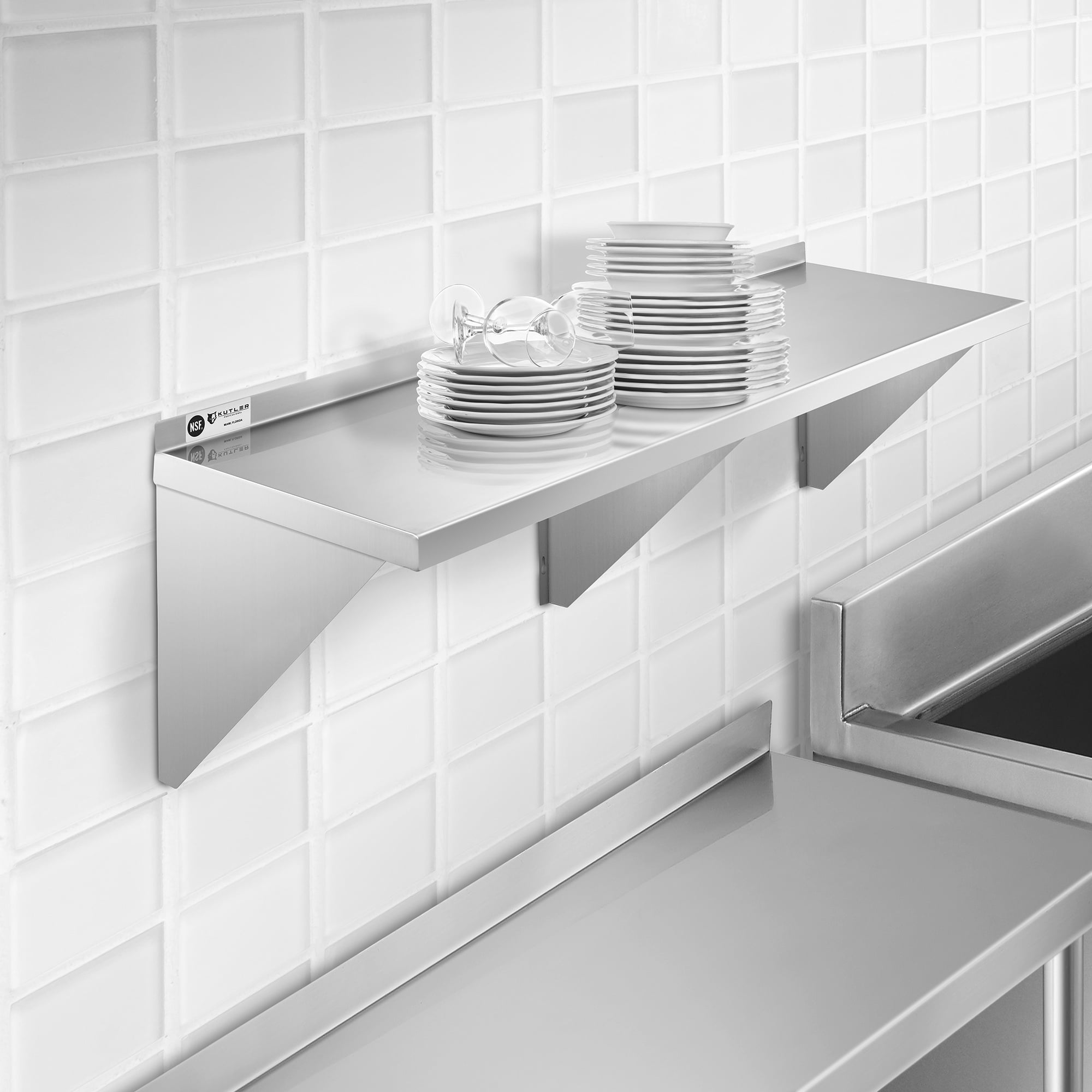 KUTLER 18" x 60" Stainless Steel Shelf, NSF Commercial Wall Mount Shelving w/ Backsplash, Floating Metal Mounted Shelves for Restaurant, Kitchen, Home