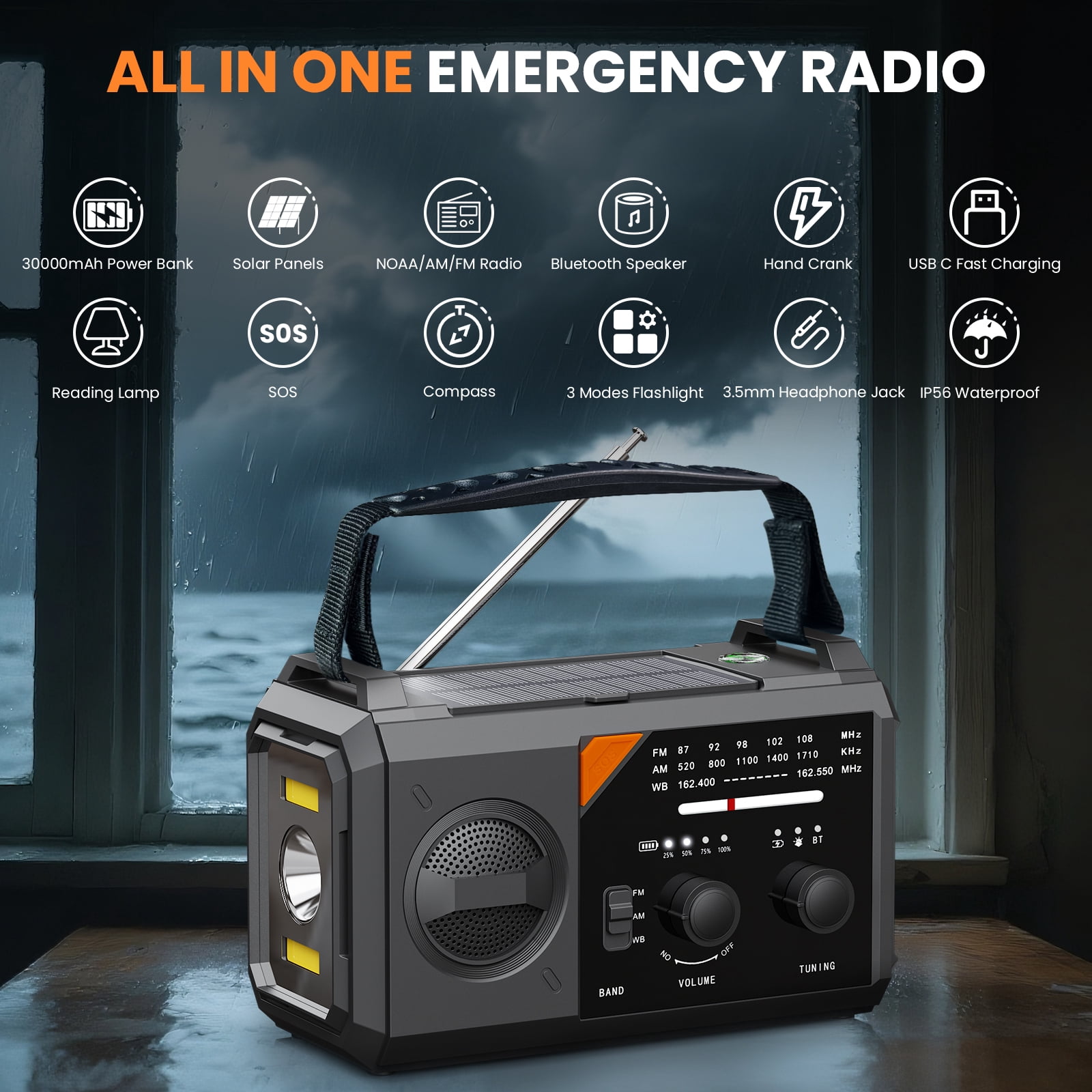 AUOSHI 30000mAh Weather Radio, NOAA/AM/FM Emergency Radio with USB/Solar/Hand Crank Charging, Flashlight, SOS Alarm, Compass, Battery Operated for Hurricane Preparedness, Gray