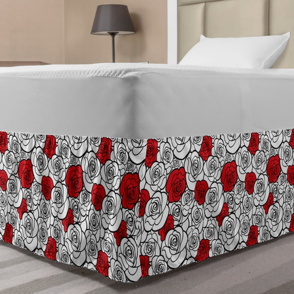 Romantic Bed Skirt, Roses Simplicity Love Blossoms Valentines Day Print, Elastic Bedskirt Dust Ruffle Wrap Around for Bedding Decor, 4 Sizes, Vermilion Black White, by Ambesonne