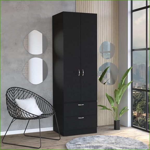 Chests & Wardrobes: 76'' High Armoire Closet with 2 Drawers, Double Doors, Shelf & Hanging Rod | Engineered Wood | Black