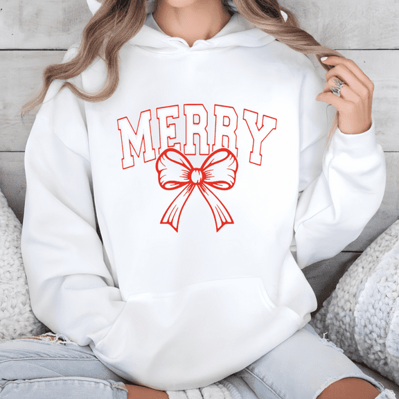 Merry Hoodie White Pullover with Red Bow Christmas Holiday Sweatshirt S-3XL