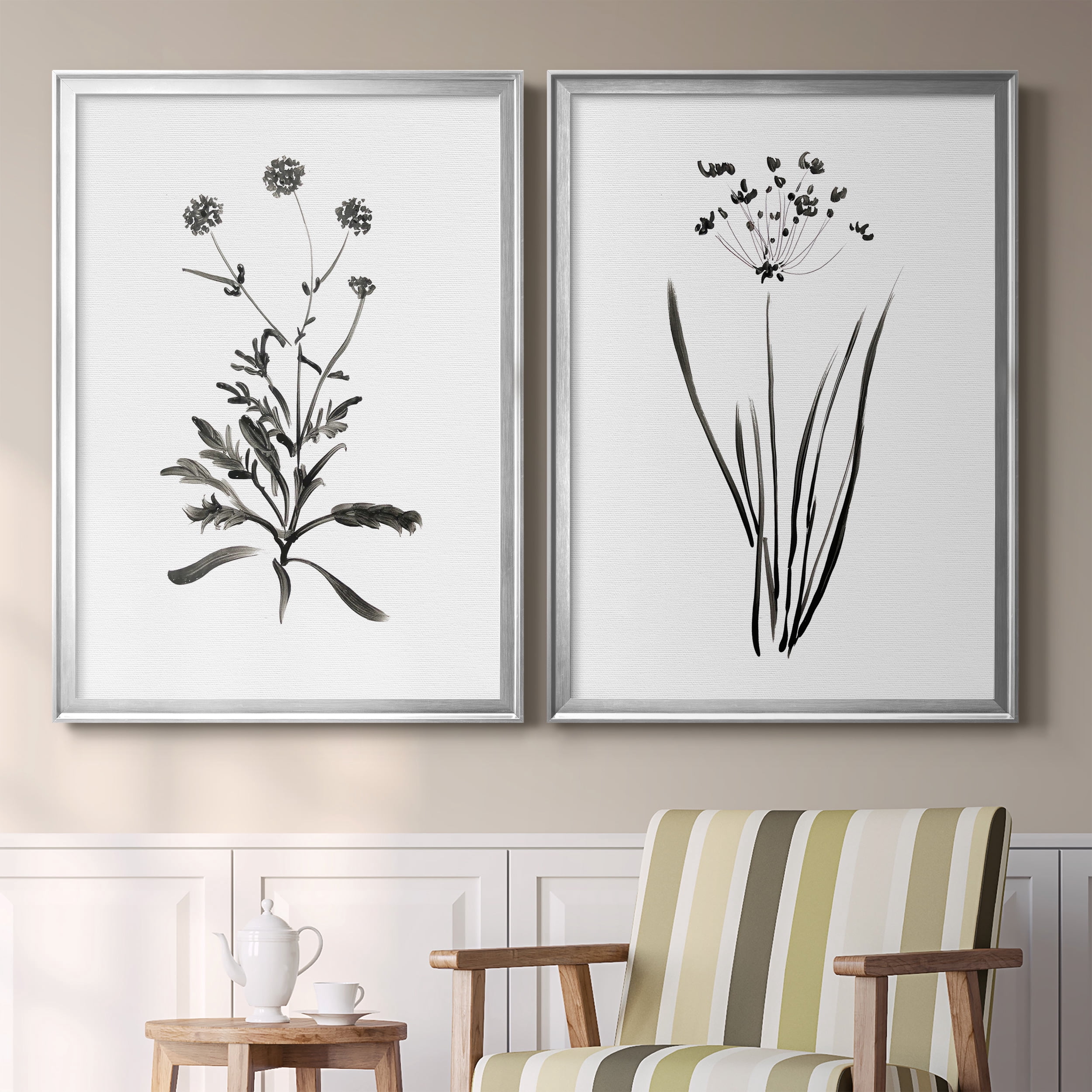 2 Piece Set Inky Botanical I Premium Framed Canvas - Ready to Hang - 26.5 x 36.5 Each - Silver Frame