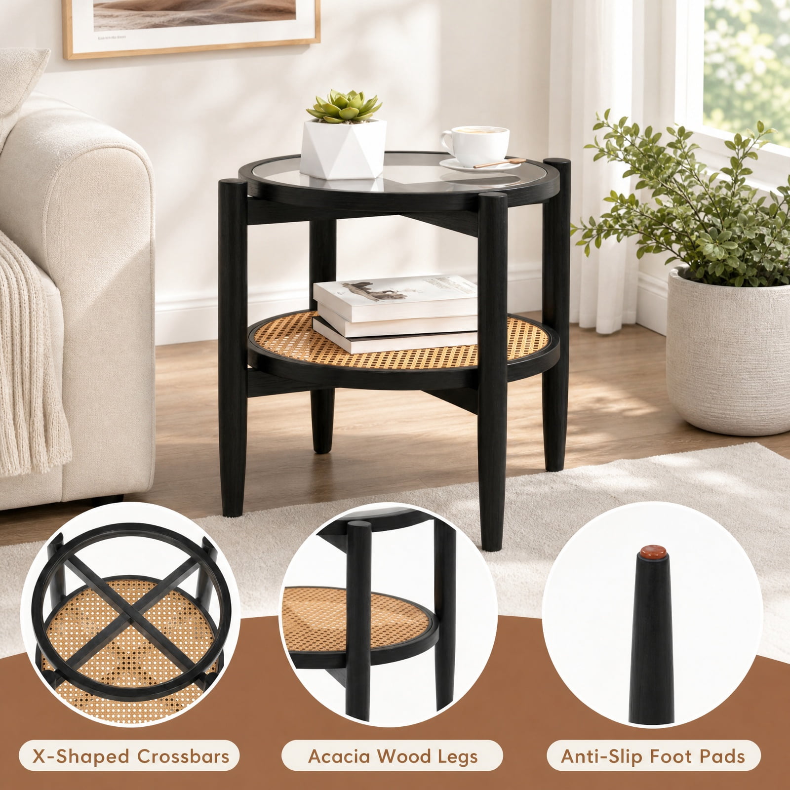 Furnibear Rattan Round Side End Table with Tempered Glass Tabletop and 2 Tier Acacia Wood Legs for Living Room Bedroom and Sofa Side, Black