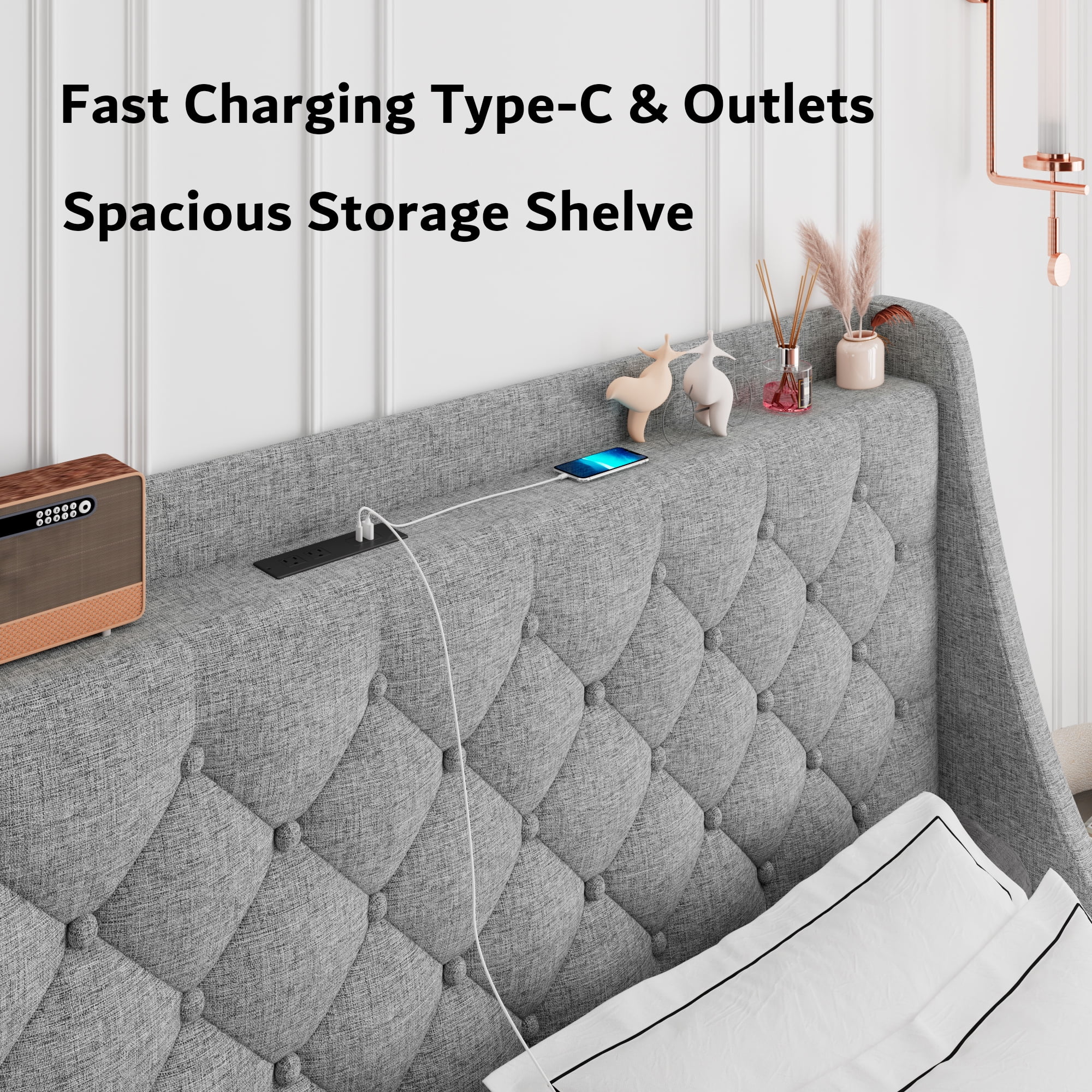 Virans Queen Bed Frame with 4 Storage Drawers, Upholstered Platform Bed Frame with Type-C & USB Ports, Wingback Storage Headboard,Light Gray