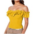 thumbnail image 2 of ClodeEU Women's Off Shoulder Ruffle Short Sleeve Blouse Tops Shirt Yellow,Womens Plus XXL, 2 of 8