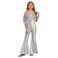 thumbnail image 2 of Runhomal Kids Girls Metallic Flared Pants Jumpsuit Spaghetti Straps Hippie Dance Full Body Leotards Silver 14, 2 of 6