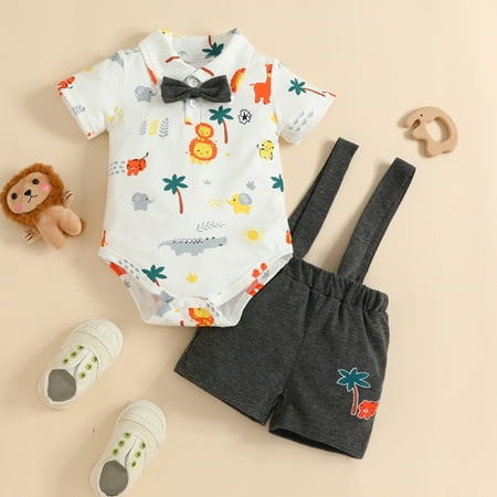 

nsendm Boys Short Sleeve Solid Cartoon Print Bow Tie Romper Suspenders Pants Outfits Tracksuit Childrenscostume White 0-3 Months