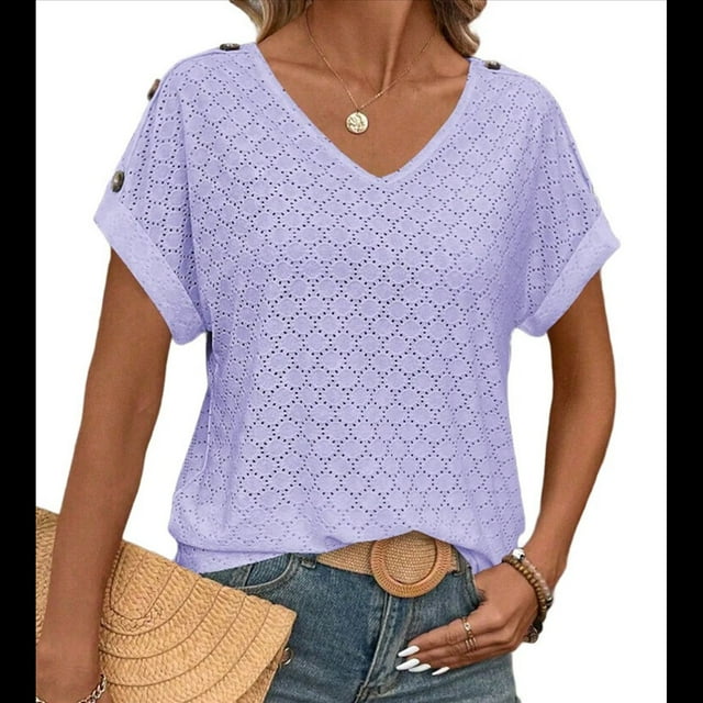 Camiseta con Bordado de Ojales para Mujer, Blusa Informal de Verano con Cuello en V, Blusa Holgada A , Color , Talla M