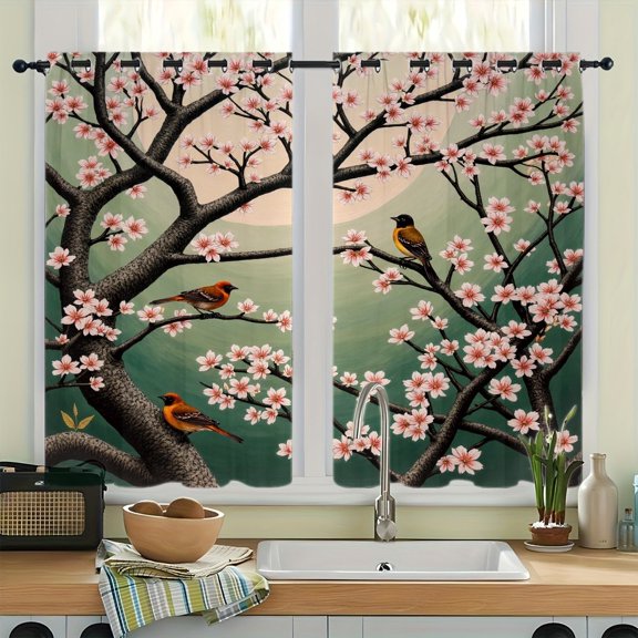 WNOOHIY Cherry Blossom Bird Print Grommet Blackout Curtains, Thermal Insulated Noise‑Reducing Room Darkening Curtain Drapes for Bedroom Living Room, 2Pcs