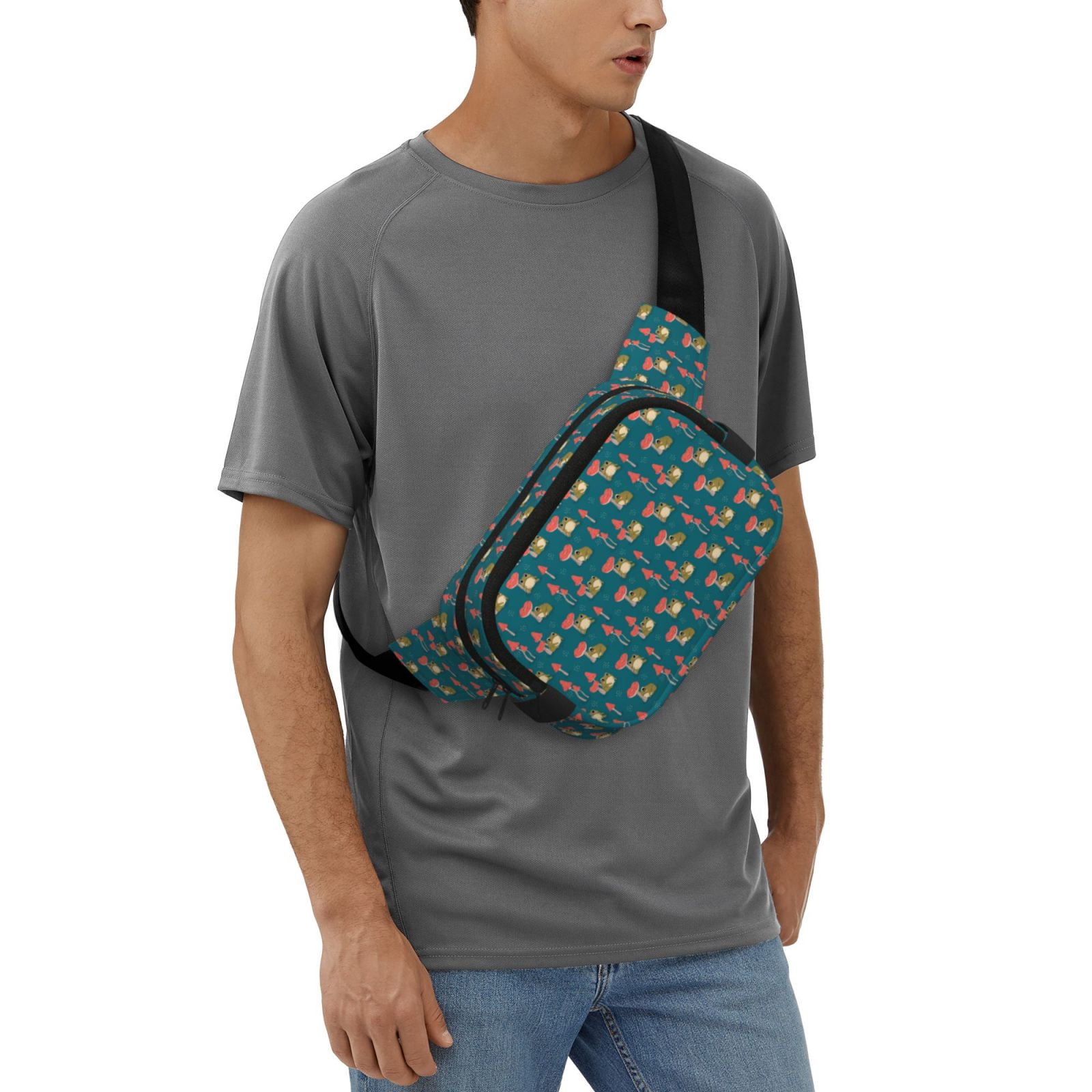 Picia Frog and Mushrooms Print Square Double-Layer Waist Bag Mini Adjustable Waist Belt Bag Exercise Running Travel Hiking
