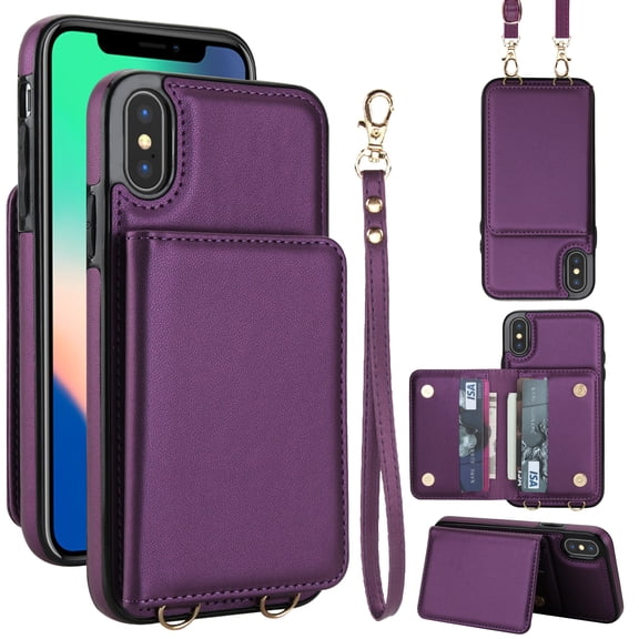 Crossbody Strap Wallet Case for iPhone XS/X with Card Holder, Luxury PU Leather RFID Blocking Protective Case with Magnetic Back Flip Kickstand Detachable Wrist Lanyard,Deeppurple