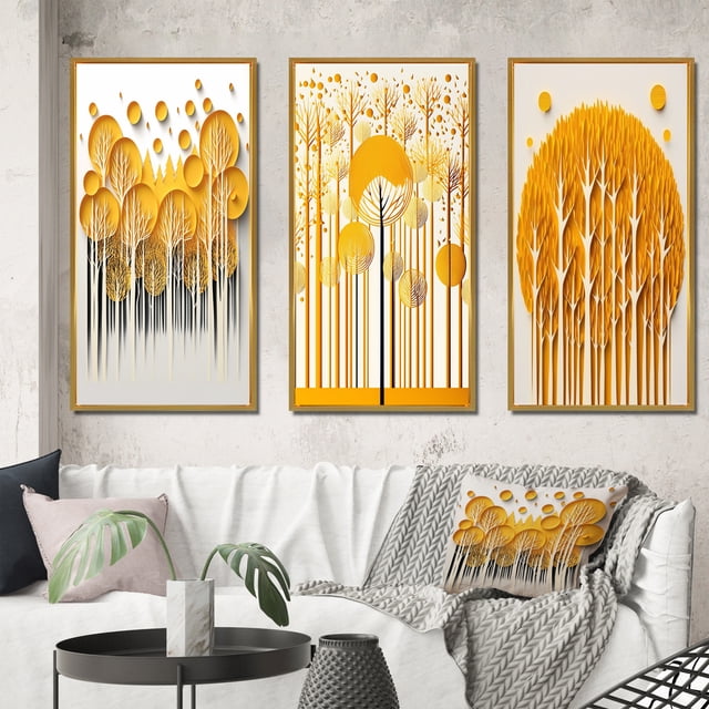 Designart "Quill Minimalism Abstract Yellow Forest II" Landscape Trees Framed Wall Art Set Of 3 - Yellow Trees Frame Gallery Set For Office Decor