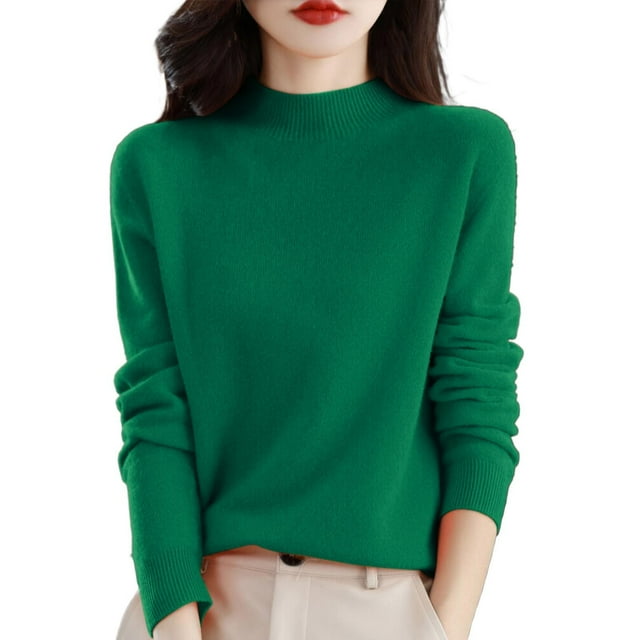 Liquidation! Hontri Chandail Semi-Col Roulé pour Femmes Manches Longues Couleur Unie Chandail avec Base Automne et Hiver Chandail Chaud Ample Chandail pour Femmes Vert m