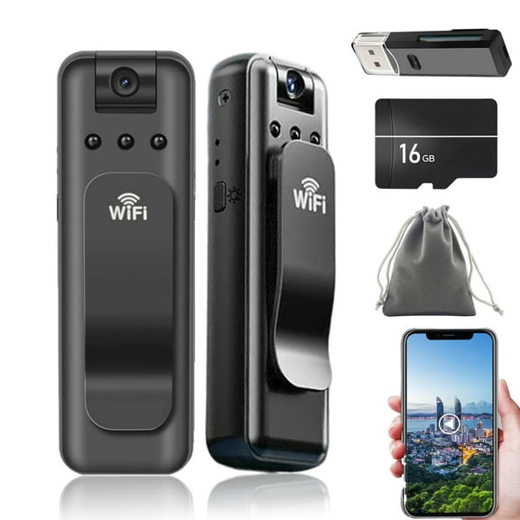 Infrared Night Vision Portable Recorder, 1080p Wearable Mini Body Camera Video Recorder with 180° Rotatable Lens and WiFi for Cycling, Travel, Home Security, Outdoor Activities (16GB Card)