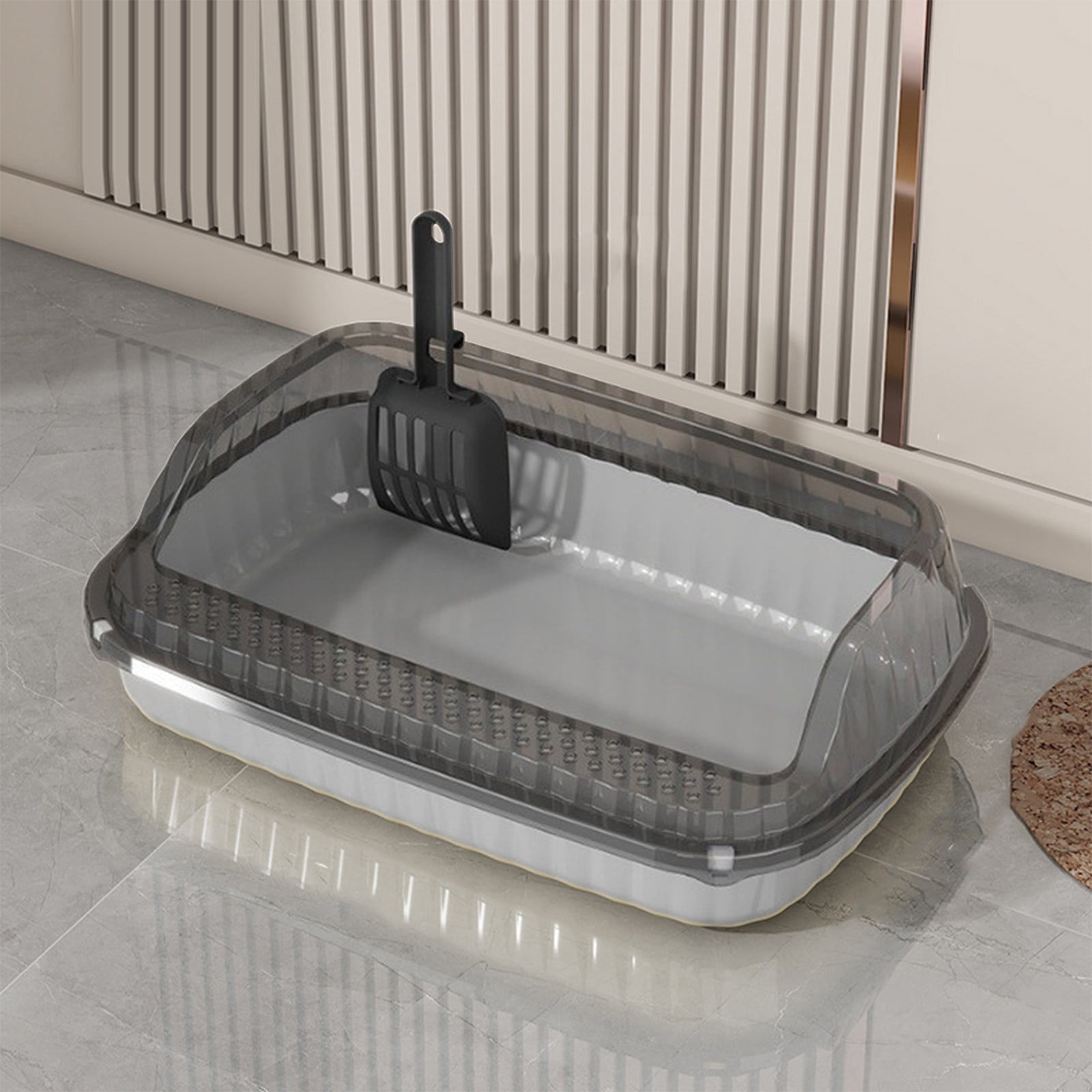 LEFTHIGH Home Semi Enclosed High Side Cat Litter Box 18.9x12.6x4.7 Inch with Splash Proof Design for Large Cats Includes Shovel Yellow Green Light Yellow Gray Room Decor