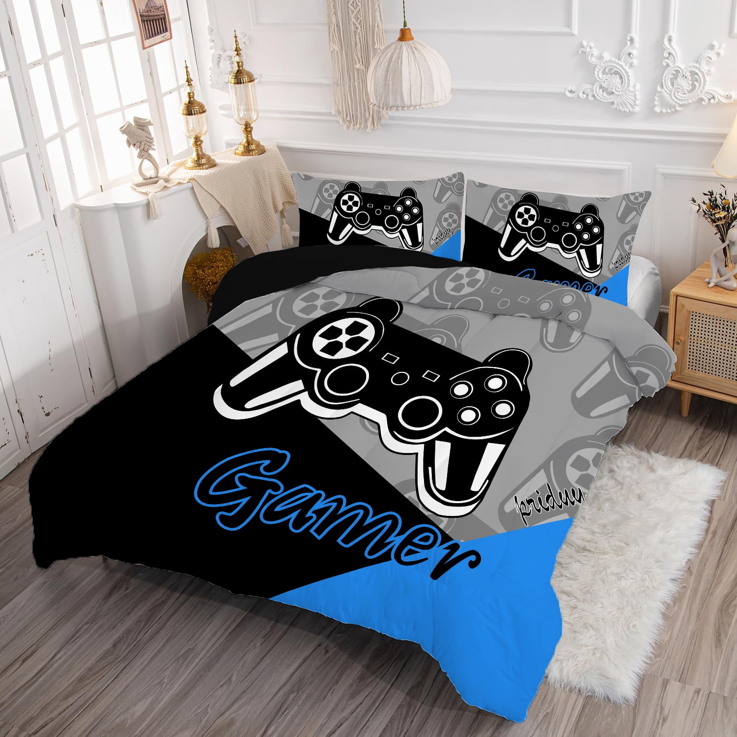 Psoiuetr Gaming Comforter for Kids Boys Teens Video Game Bedding Set Gamer Comforter Gamepad Comforter Set Queen Size Blue Black Gray 3 Pieces