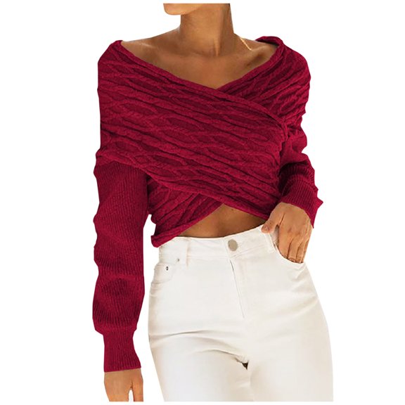 JINMGG V Neck Sweaters for Women Fall Winter Clearance,Women Fashion Casual Solid Color Pullover Cross V-neck Sleeve Sweater Tops