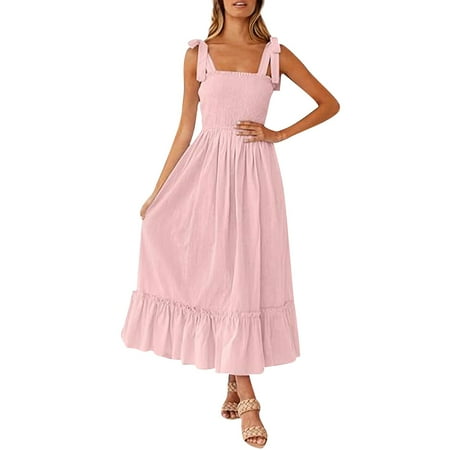 Mohiass Women s 2024 Summer Boho Spaghetti Strap Square Neck Ruffle A Line Beach Long Maxi Dress Pink 2XL