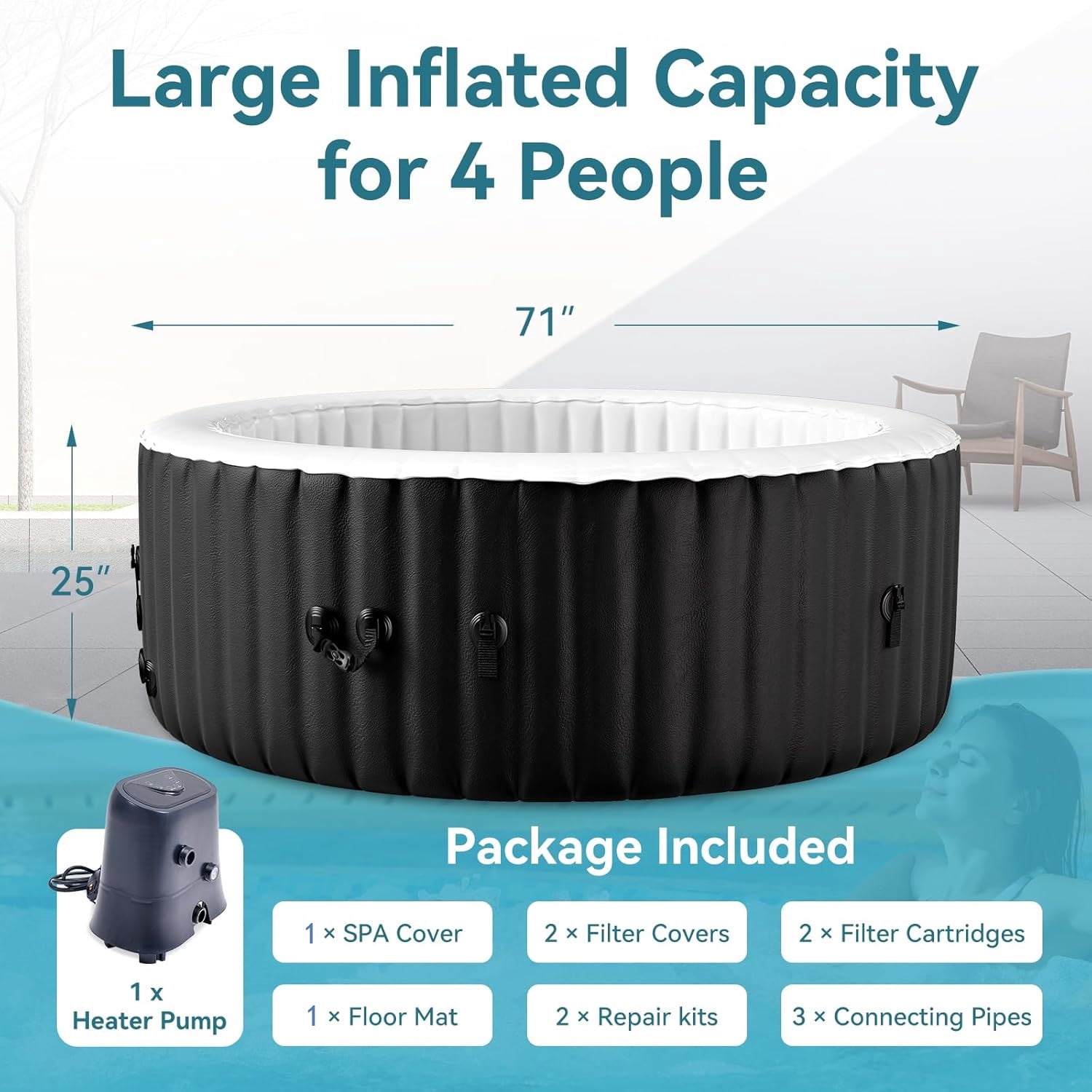 Outdoor Inflatable Hot Tub Spa for 4 Person, Round 211 Gallon Air Jet Hot Tub with 110 Bubble Jets, Pool Heater, Insulated Cover and Filters, Portable Hot Tubs for Patio, Backyard