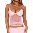 thumbnail image 3 of Women'S Sheer Mesh Camisole Tops Ruched V Neck Spaghetti Strap Crop Tank Top Pink L, 3 of 8