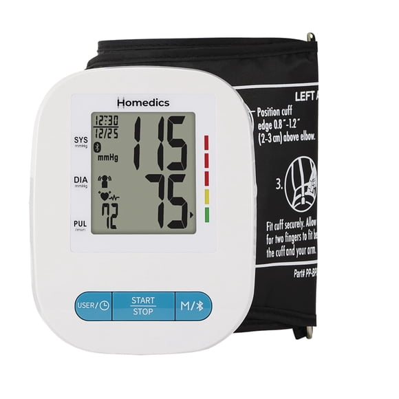 Monitor de presión arterial de brazo Homedics Serie 500 con Bluetooth para uso doméstico, guía de voz, medición inteligente, detección de latidos irregulares, 2 usuarios, 120 memorias cada uno