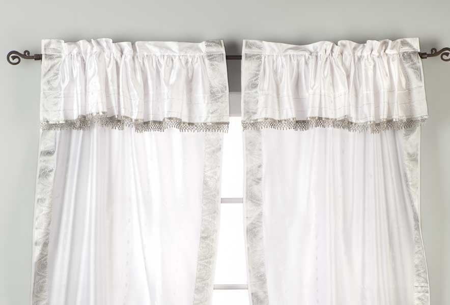 Lined 2 Gypsy Rod Pocket Curtains Beaded Valance 2 Tieback White SLV 60W X 120L