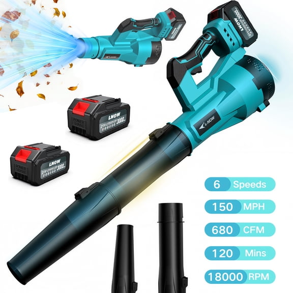 LNOW Cordless Leaf Blower, 150MPH/680CFM Battery Snow Blower with 6 Speed Mode, Electric Blower with 2 Batteries for Blowing Leaves, Car Drying,  Yard/Patio/Garden Cleaning, Lawn Care and Dust