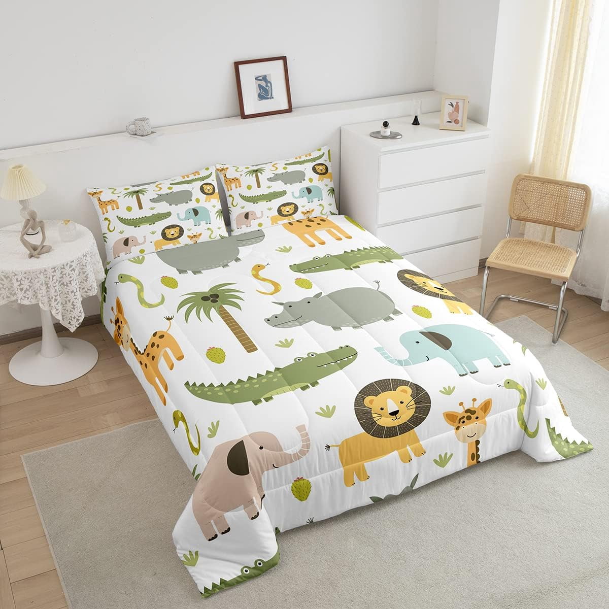 Wild Animals Comforter Set Safari Animals Print Comforter for Boys Girls Teens Cute Hippo Crocodile Lion Bedding Set Kids Cartoon Elephant Giraffe Duvet Set Room Decor Quilt Set Twin Size