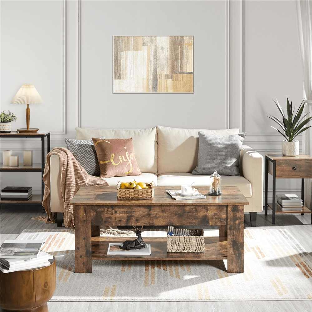 Alden Design Modern 47.5" Wood Lift Top Coffee Table with Lower Shelf for Living room, Rustic Brown