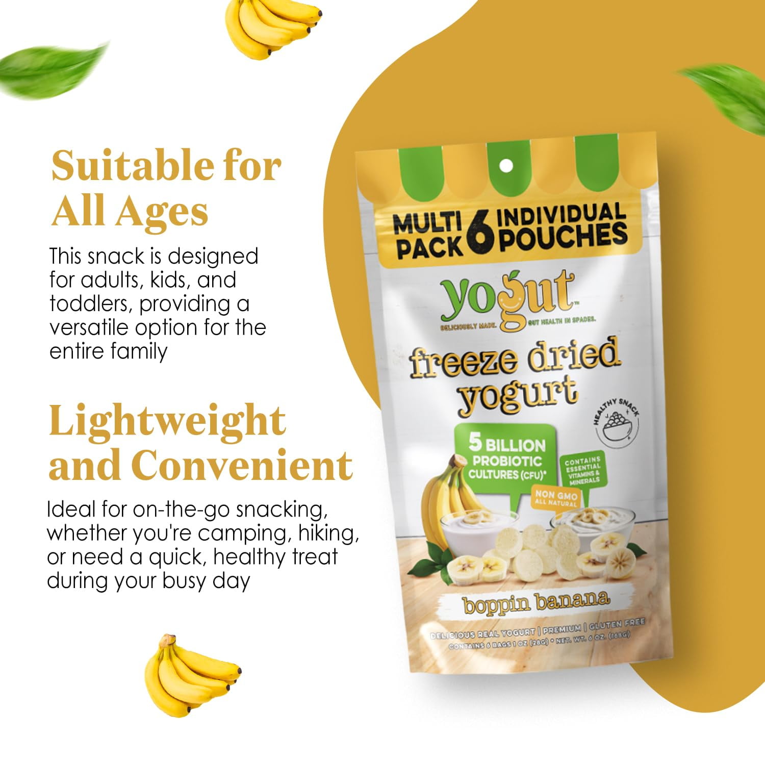 Freeze-Dried Banana Yogurt Bites, 6-pack, Crunchy Texture, Gluten-Free, Non-GMO, with 5 Billion Probiotic Cultures