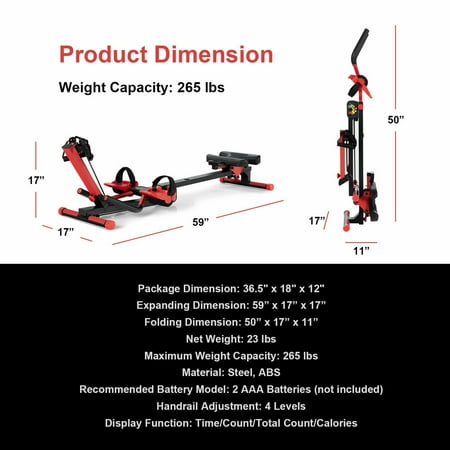 Costway - 4 in 1 Folding Rowing Machine AB Crunch Workout Machine with Control Panel Home Gym - Black/Red