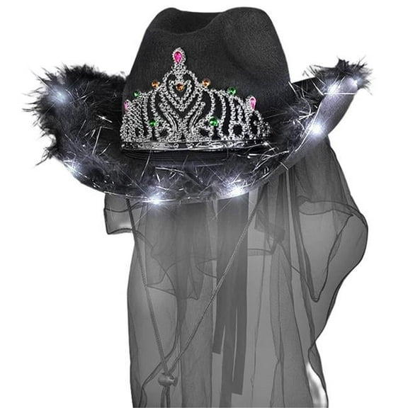 Light Up Black Bridal Cowboy Cowgirl Hat with Tiara and Black Veil for Bachelorette and Halloween Party