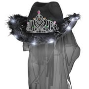 Light Up Black Bridal Cowboy Cowgirl Hat with Tiara and Black Veil for Bachelorette and Halloween Party