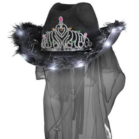Light Up Black Bridal Cowboy Cowgirl Hat with Tiara and Black Veil for Bachelorette and Halloween Party