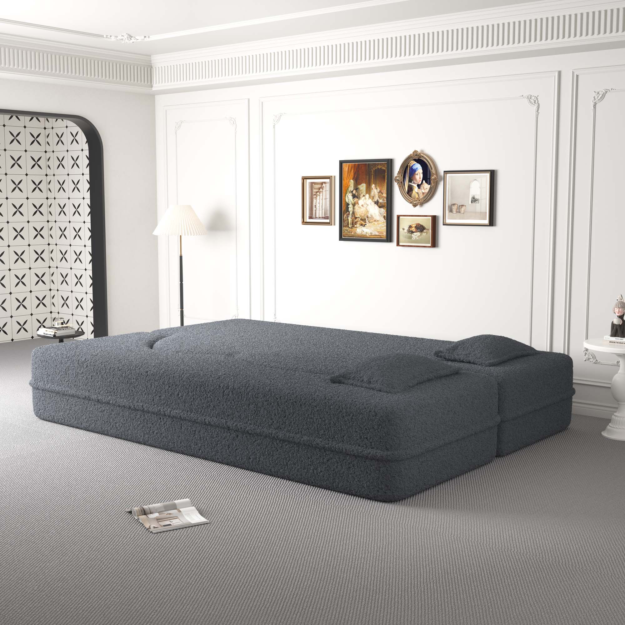 Miniyam Floor Sofa with 2 Pillows, Convertible Teddy Fabric Foam-Filled Sleeper Sofa Bed, Grey
