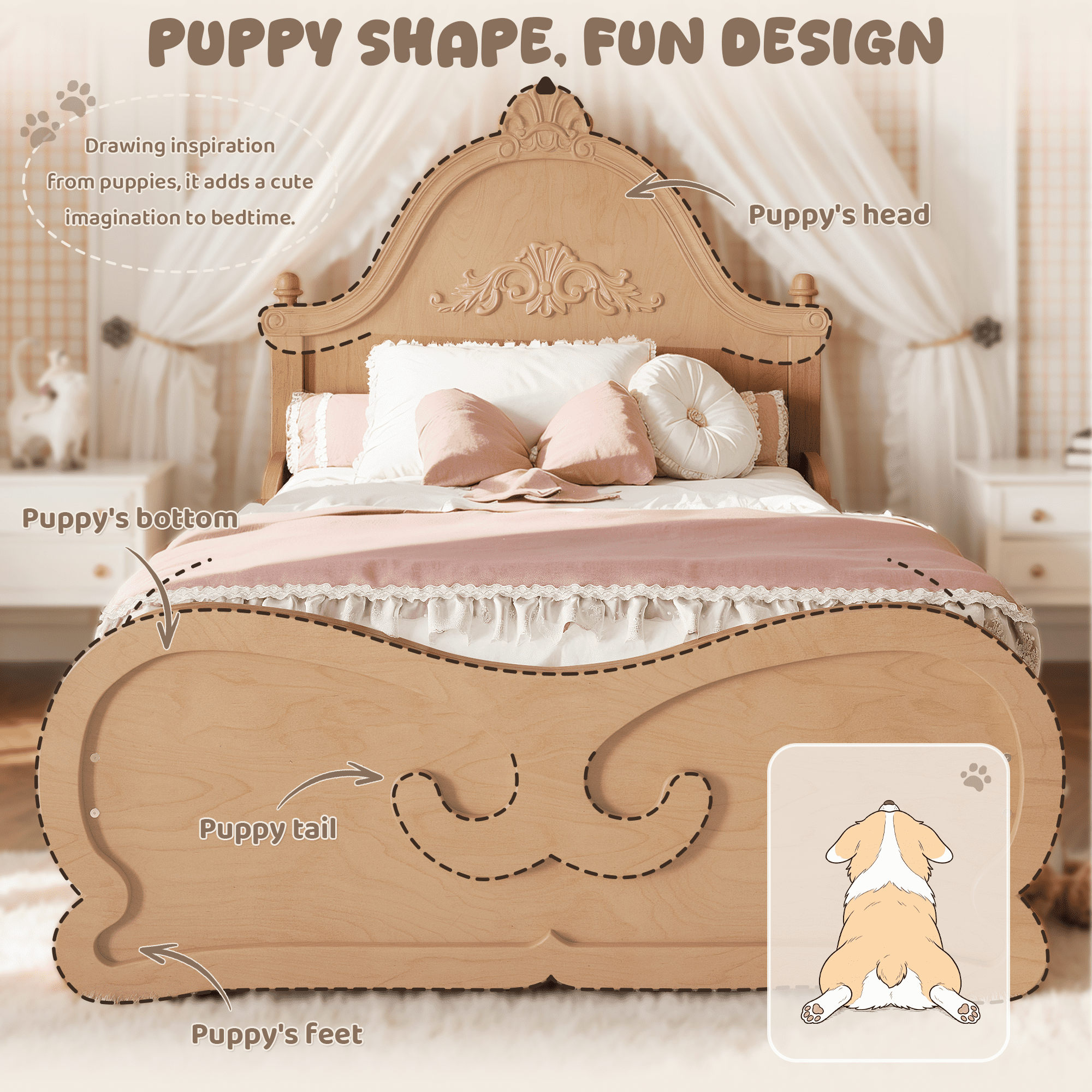 HOQBN Twin Size Vintage Carved Platform Bed with Headboard, Solid Wood Bed Frame with Slatted Support, Low Profile Platform Bed for Kid Teens, Natural