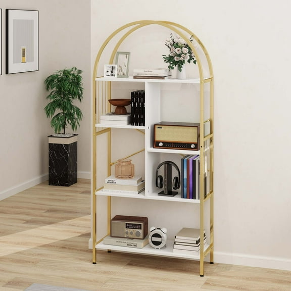 Dextrus 5 Tier Arched Bookshelf and Bookcase, Gold Standing Book Shelf, Mental Frame Storage Display Rack Shelves Organizer for Bedroom Living Room Office,White&Gold