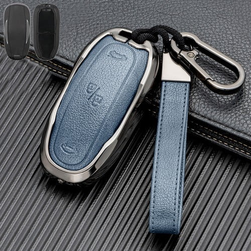 Car Key Fob Cover Case Protector Zinc Alloy Leather Car Smart Remote Key Fob Case Cover Bag For Tesla Model S 3