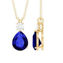 Rosec Jewels Created Blue Sapphire Drop Pendant Necklace with Moissanite (8X10 mm), 18K Yellow Gold