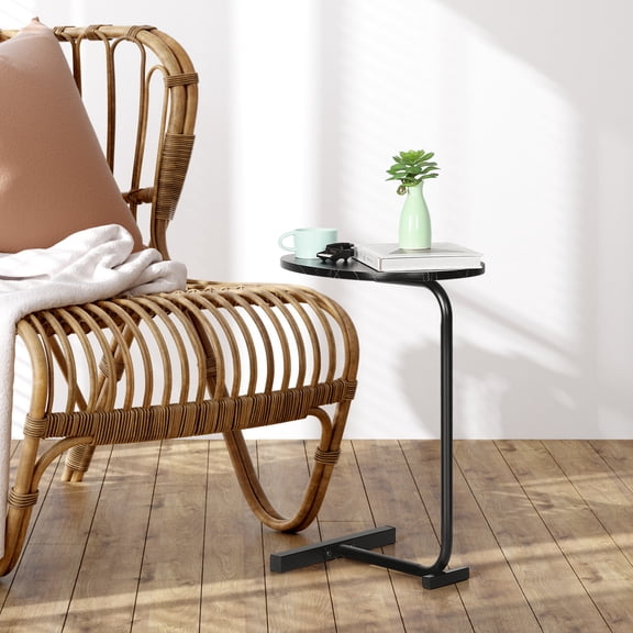 C‑Shaped Side Table with Black Marble Vein Top, Modern End Table for Sofa, Bed, and Small Spaces