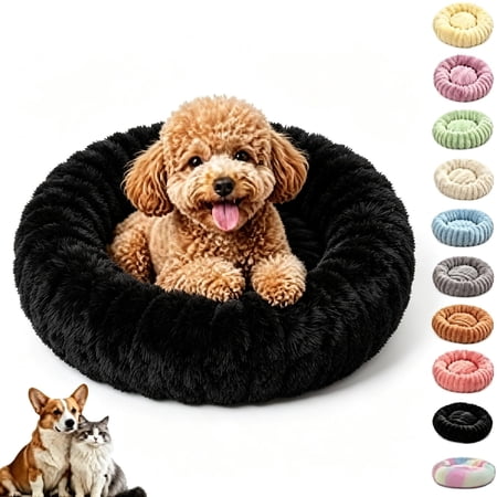 Ultra-Soft Round Calming Cat & Dog Bed, Plush Anti-Slip Donut Pet Bed Recessed Center And Padded Cushioning （Black, XXL: 35.4in）