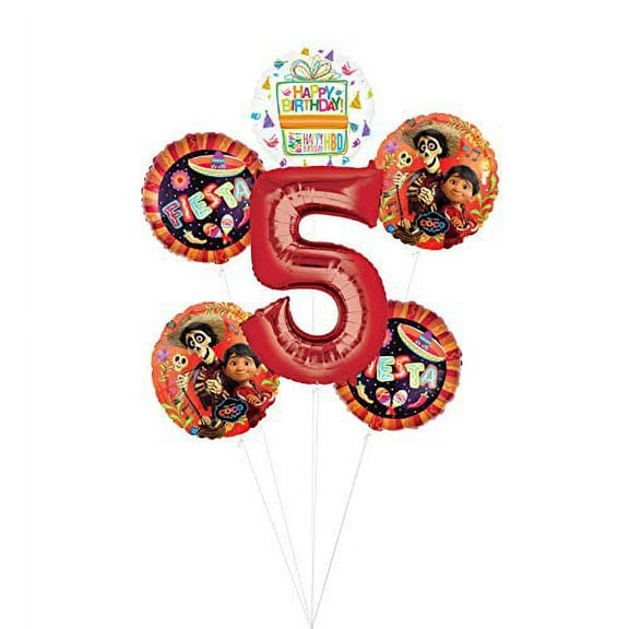 Coco Party Supplies 5th Birthday Fiesta Balloon Bouquet Decorations - Red Number 5