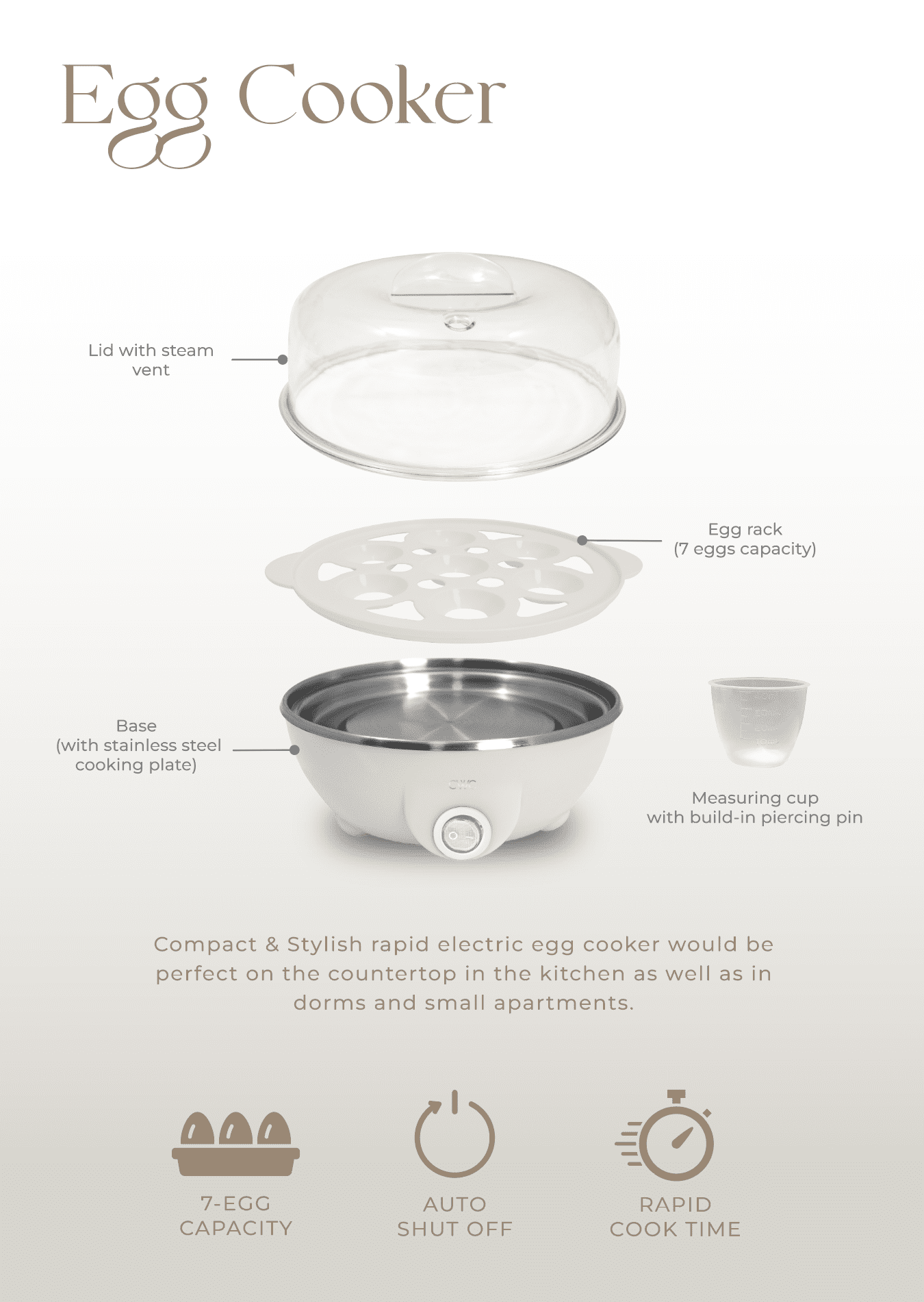 COOK WITH COLOR Compact Egg Boiler, Glass Kettle, & Toaster Kitchen Appliance Set, Cream