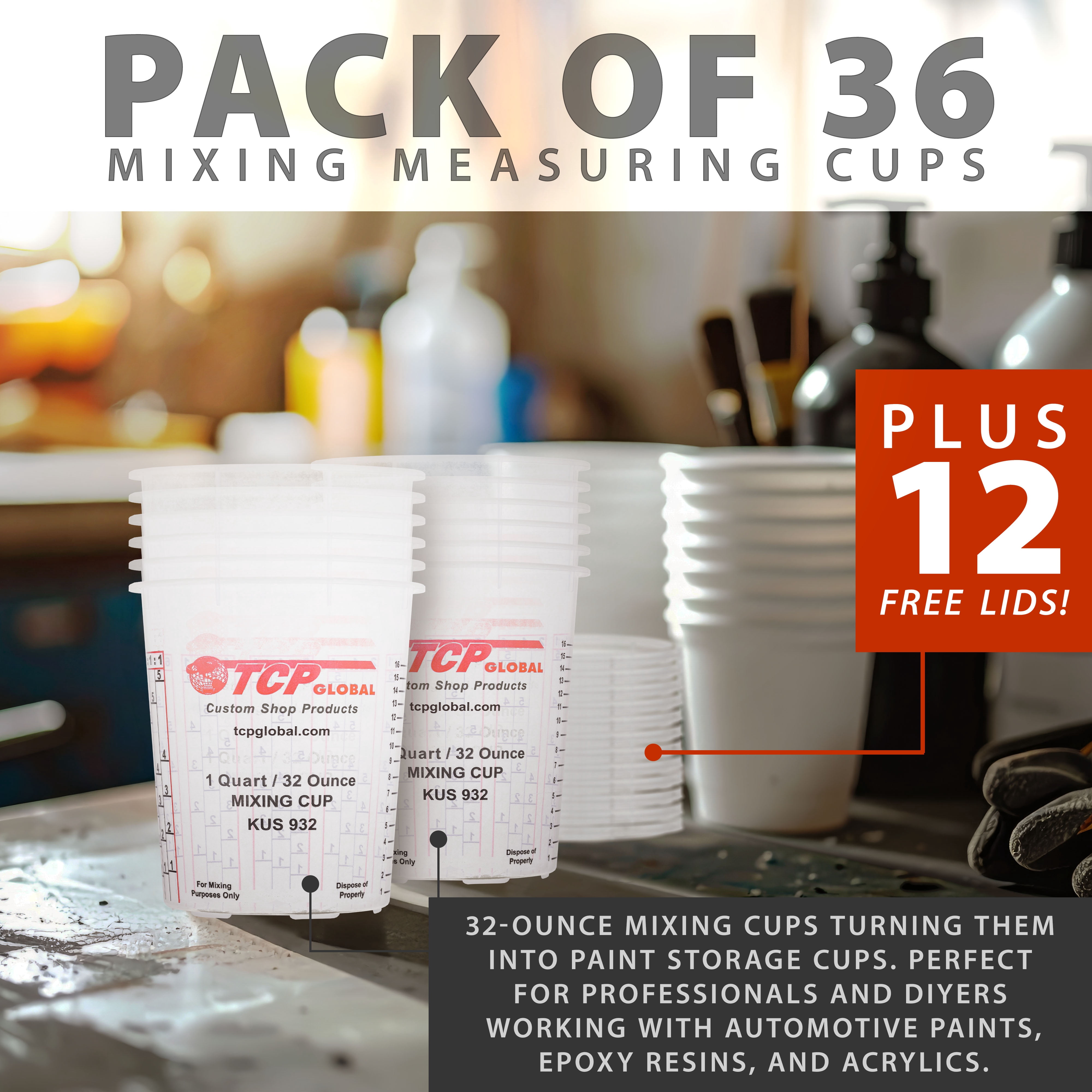Custom Shop Paint Mixing Cups Plastic Measuring Cup Epoxy Resin, Disposable or Reusable, 32-Ounce (Quart) - Pack of 36 - Graduated, Mixing Ratios, Automotive Painting Acrylic Art Crafts